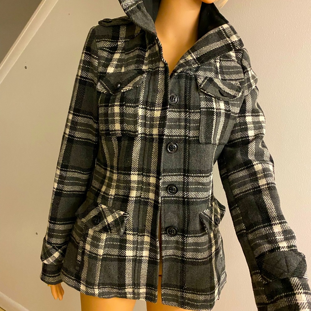 Dollhouse Outerwear for NYC wool Blend Lined Jacket Black Gray Plaid Sz Medium